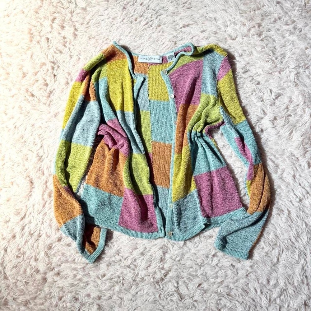 Vintage Y2K Colorblock Rainbow Patchwork Silk Blend Funky Cardigan Womens M Boho